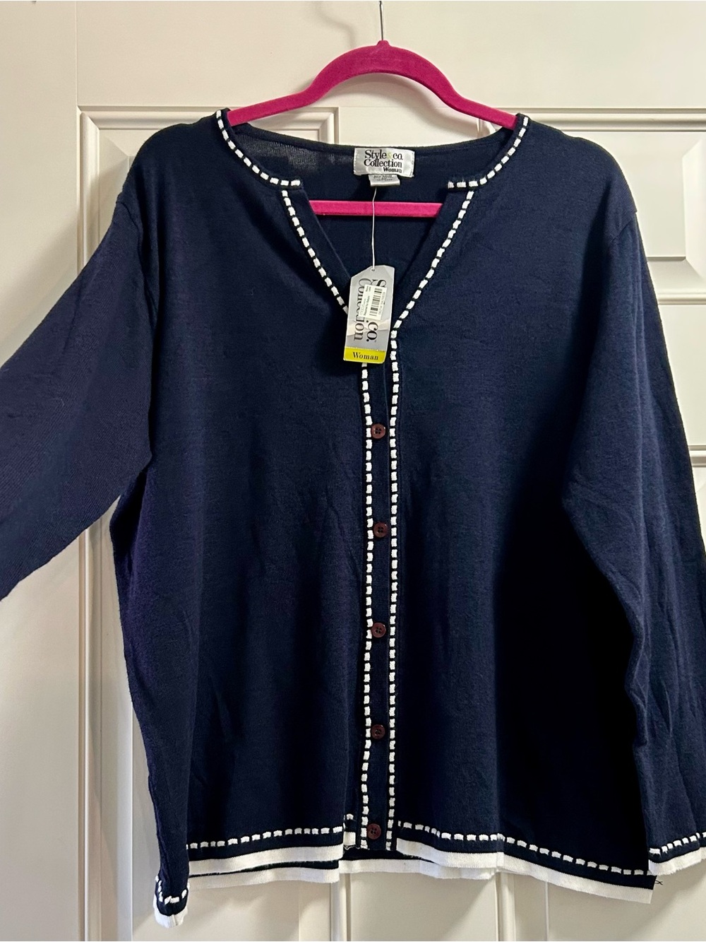 Style & Co Navy Button Front Cardigan with White Trim